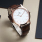Men’s Classic White Dial Analog Watch with Rose Gold Case & Brown Leather Strap - BSM001D