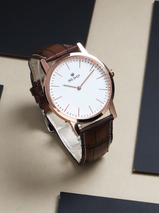 Men’s Classic White Dial Analog Watch with Rose Gold Case & Brown Leather Strap - BSM001D