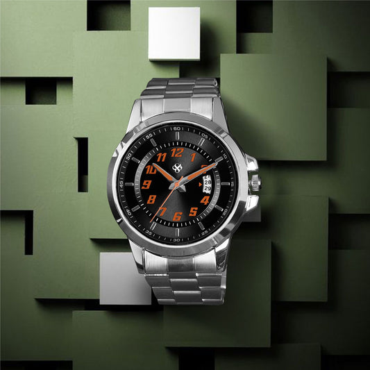 Men’s Black Dial Analog Watch with Silver Metal Strap & Date Display - BSM070B