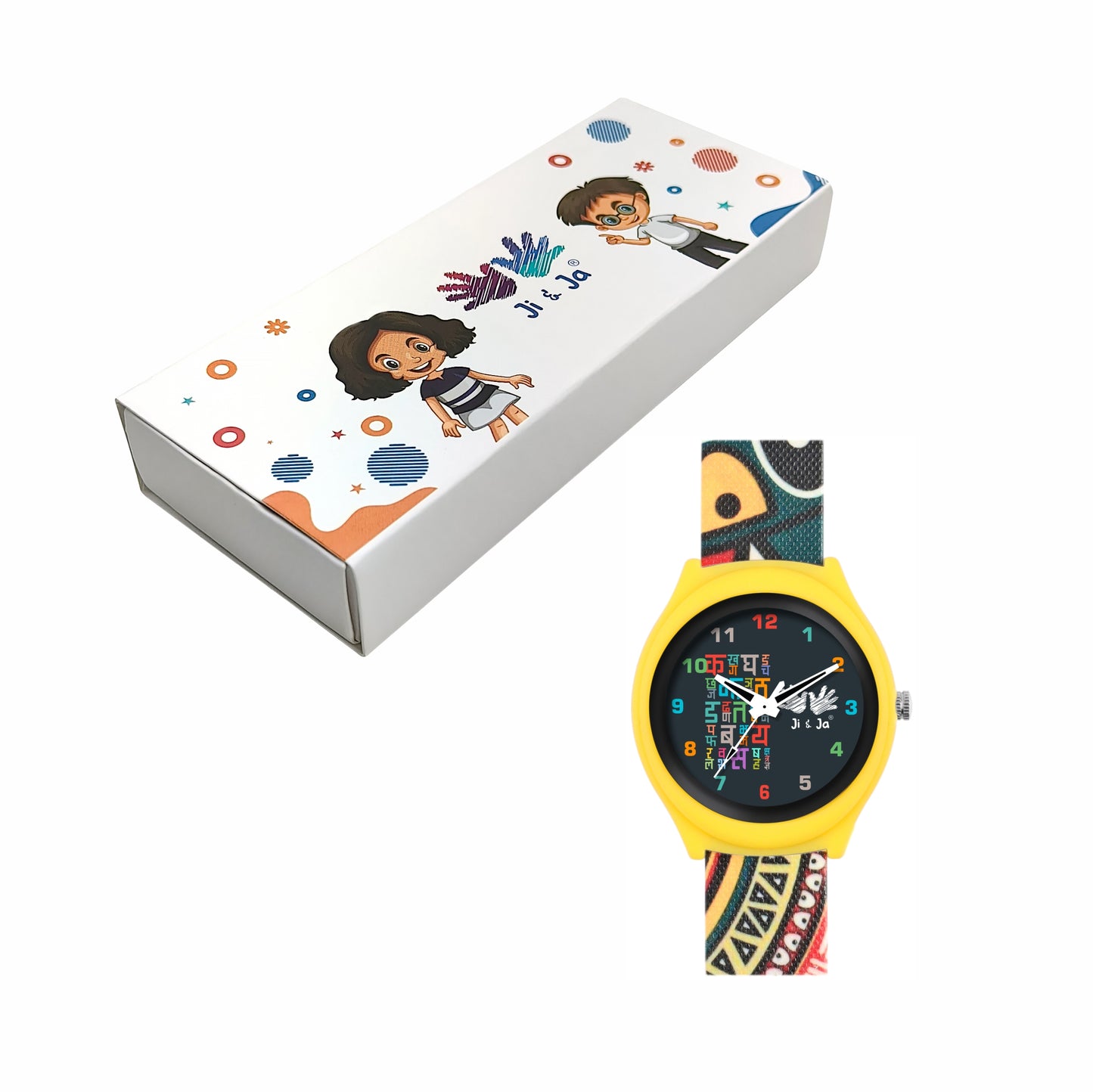 Kids’ Yellow Hindi Alphabet Theme Analog Watch with Colorful Silicone Strap - JJ214
