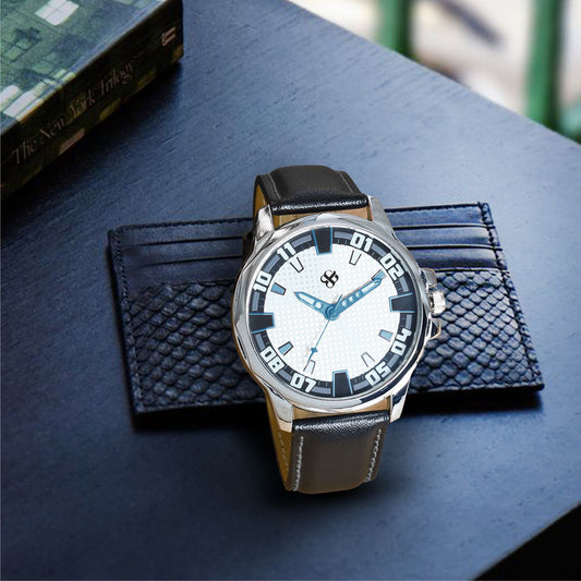 Men’s White Textured Dial with Black Leather Strap Analog Watch - BSM073E