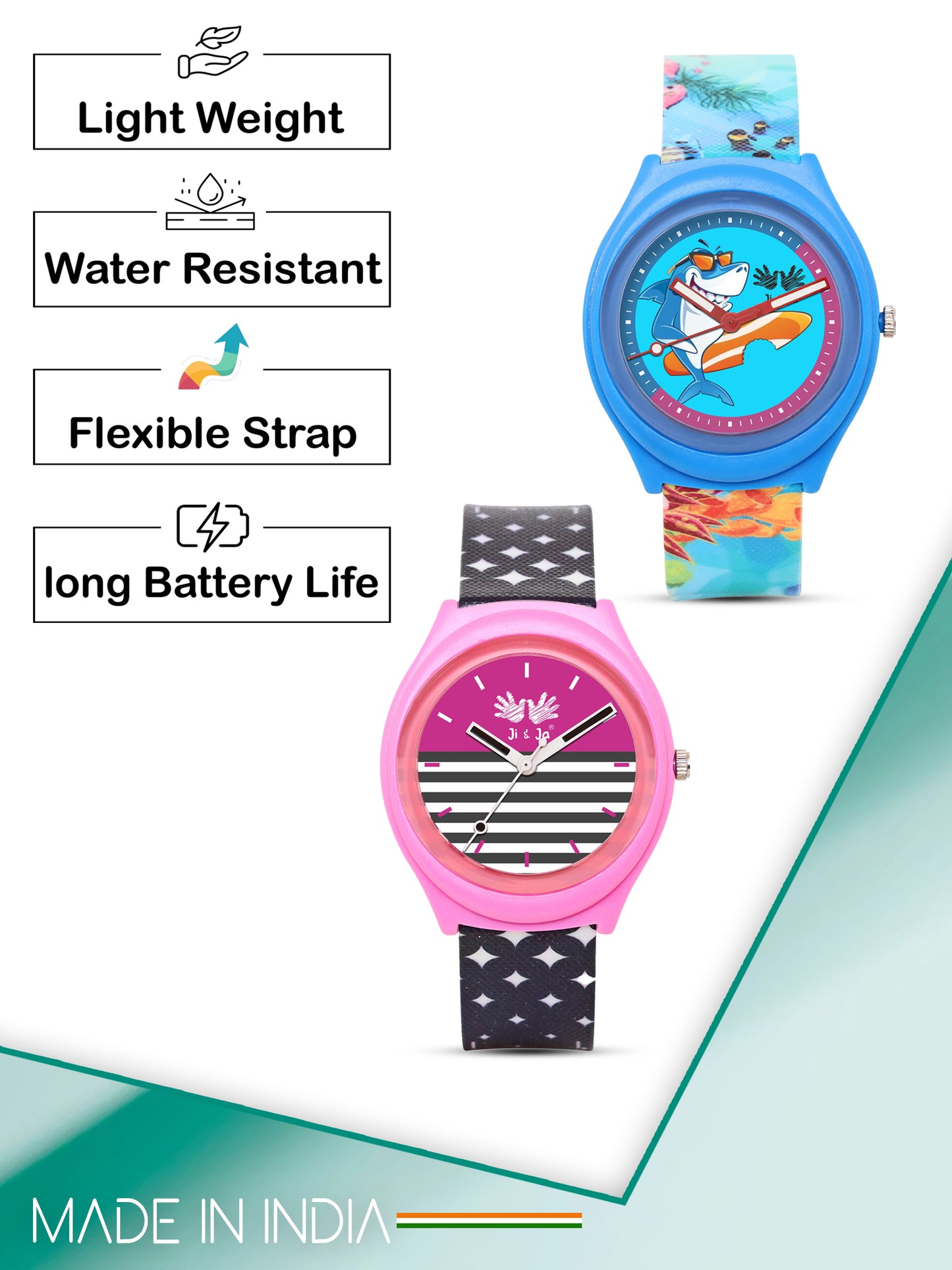 Kids’ Combo Pack Analog Watches – Pink Stripes Design & Shark Surf Cartoon Theme - JJ116102