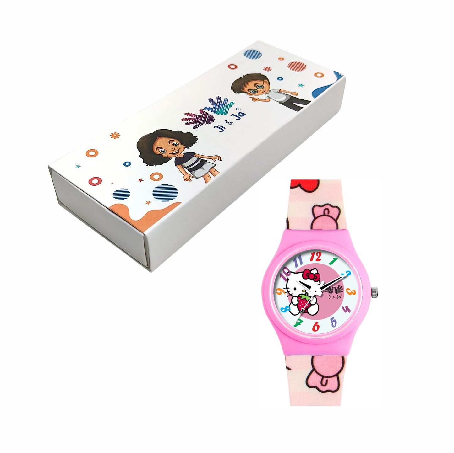 Kids’ Pink Dial Analog Watch with Cartoon Kitty Silicone Strap - JJ209