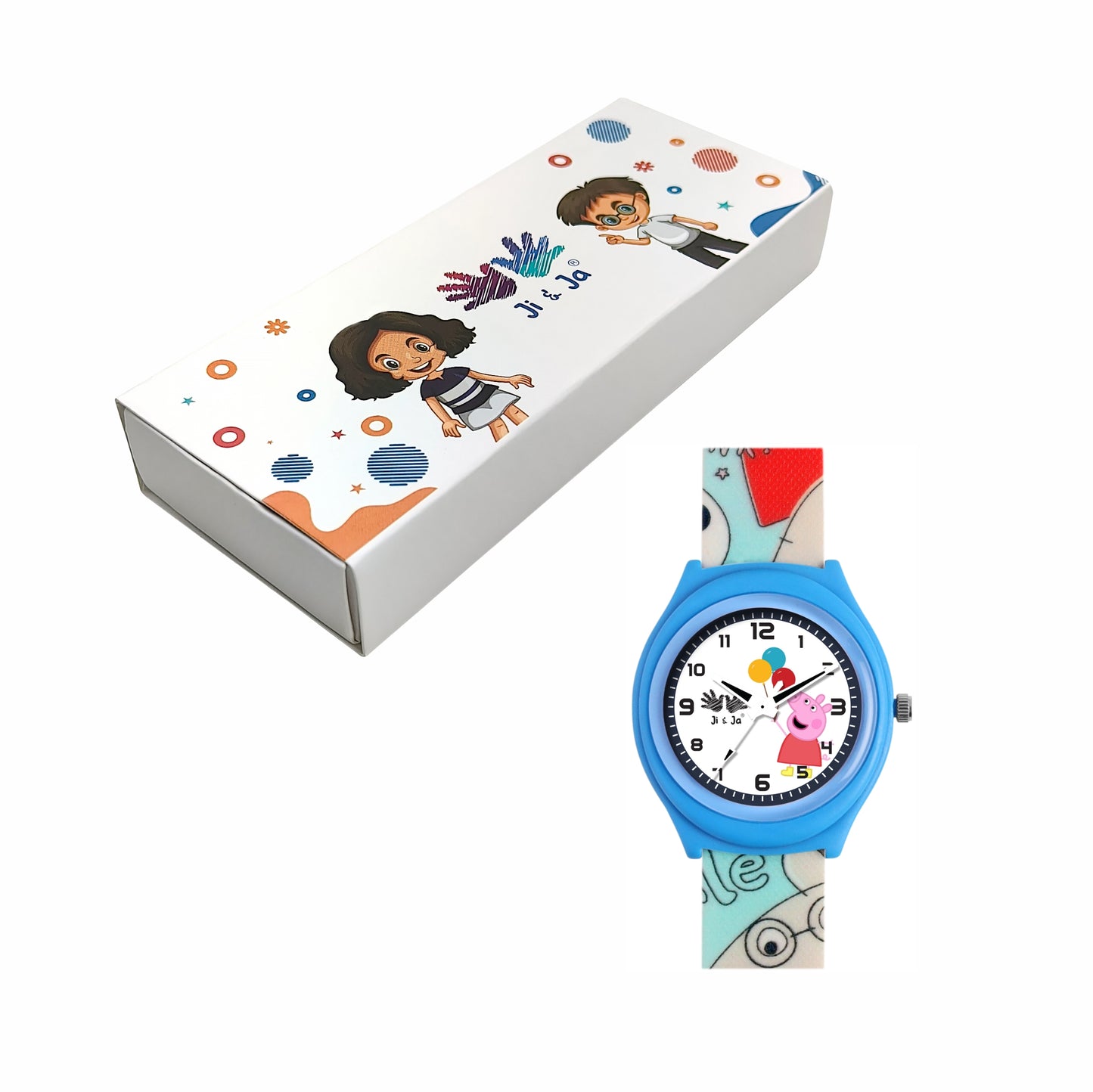 Kids’ White Dial Analog Watch with Cartoon Silicone Strap & Blue Case - JJ219