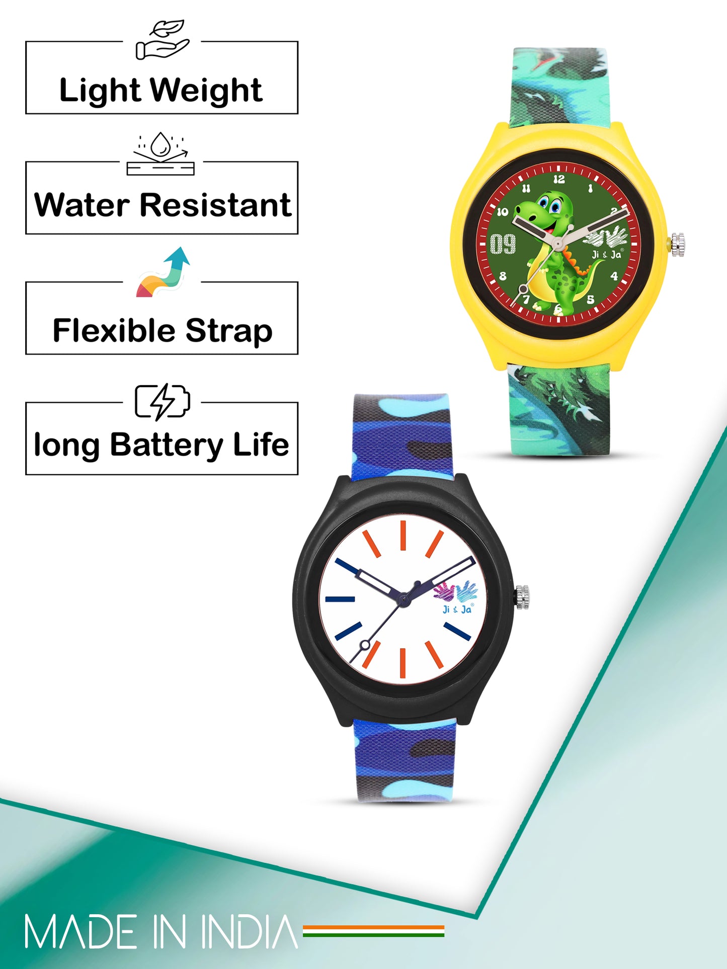 Kids' Combo Pack Analog Watches – Green Dinosaur Adventure & Blue Camouflage Sports - JJ120114