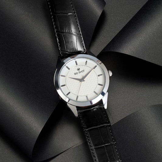 Men’s Silver Dial with Black Leather Strap Analog Watch - BSM068B