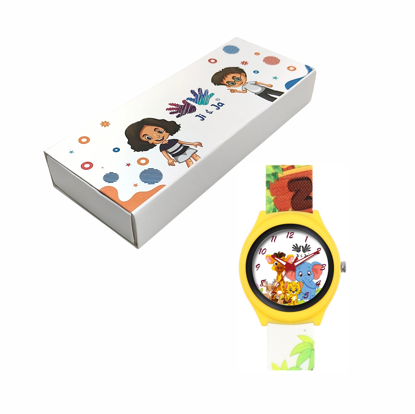 Kids’ White Dial Analog Watch with Jungle Cartoon Silicone Strap & Yellow Case - JJ220