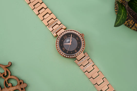 Dhyara Women’s Elegant Black Dial with Rose Gold Metal Strap & Crystal Bezel Watch - D004E