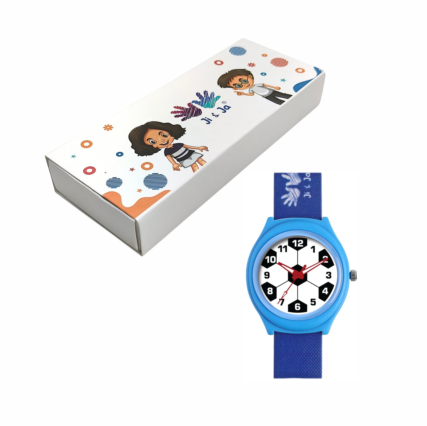 Kid’s White Dial Analog Watch with Soccer-Themed Blue & Black Silicone Strap - JJ227