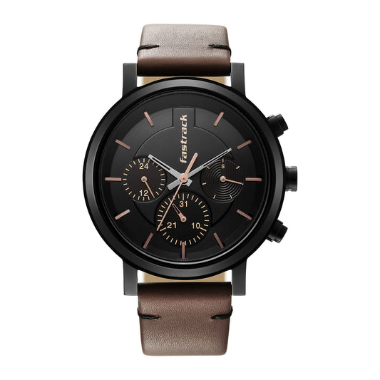 Black Dial Analog Watch for Men -3287NL01 Genuine Leather, Brown Strap