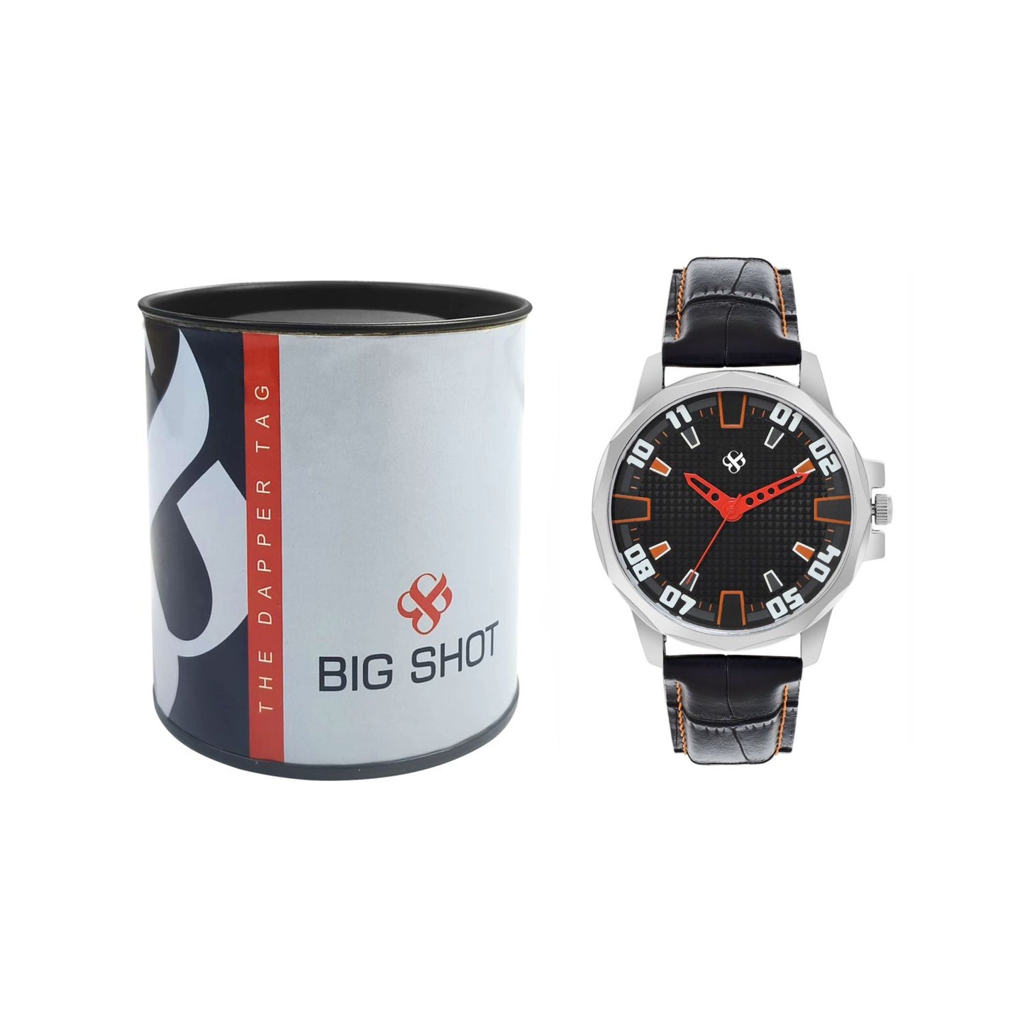 Men’s Sporty Black Dial Analog Watch with Orange Accents & Black Leather Strap - BSM073C