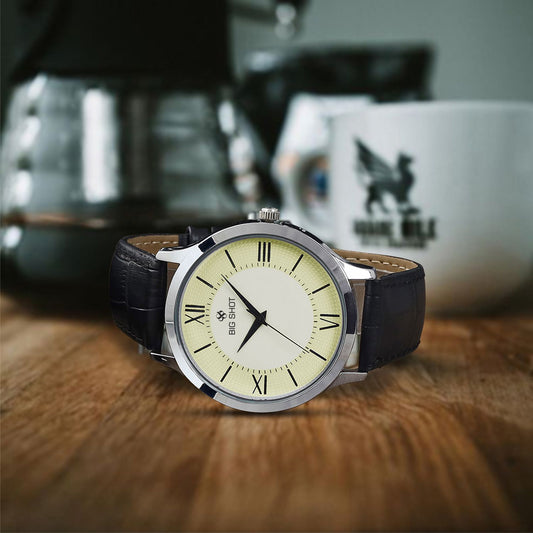 Men’s Cream Dial with Black Leather Strap Analog Watch - BSM064D