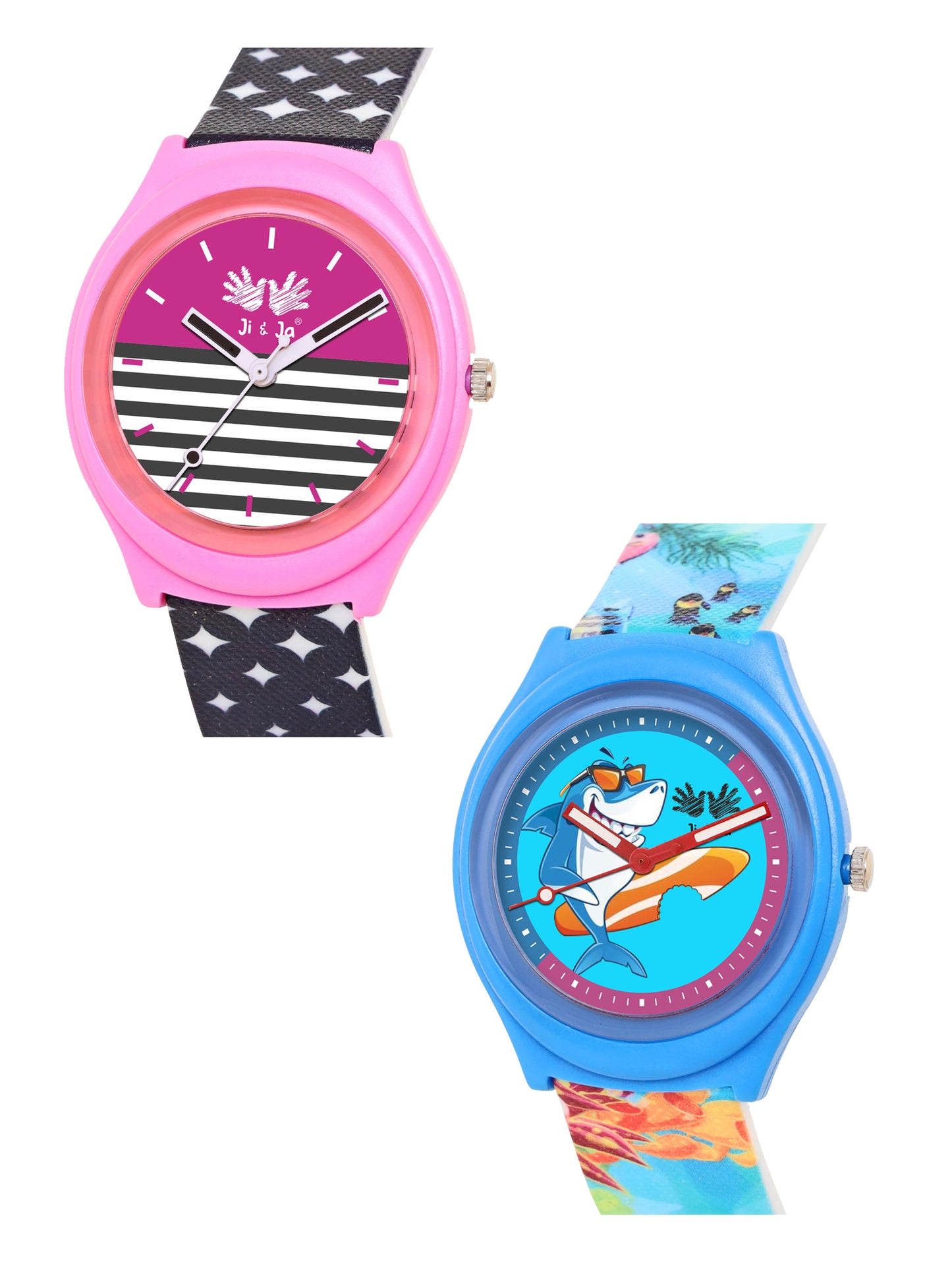 Kids’ Combo Pack Analog Watches – Pink Stripes Design & Shark Surf Cartoon Theme - JJ116102
