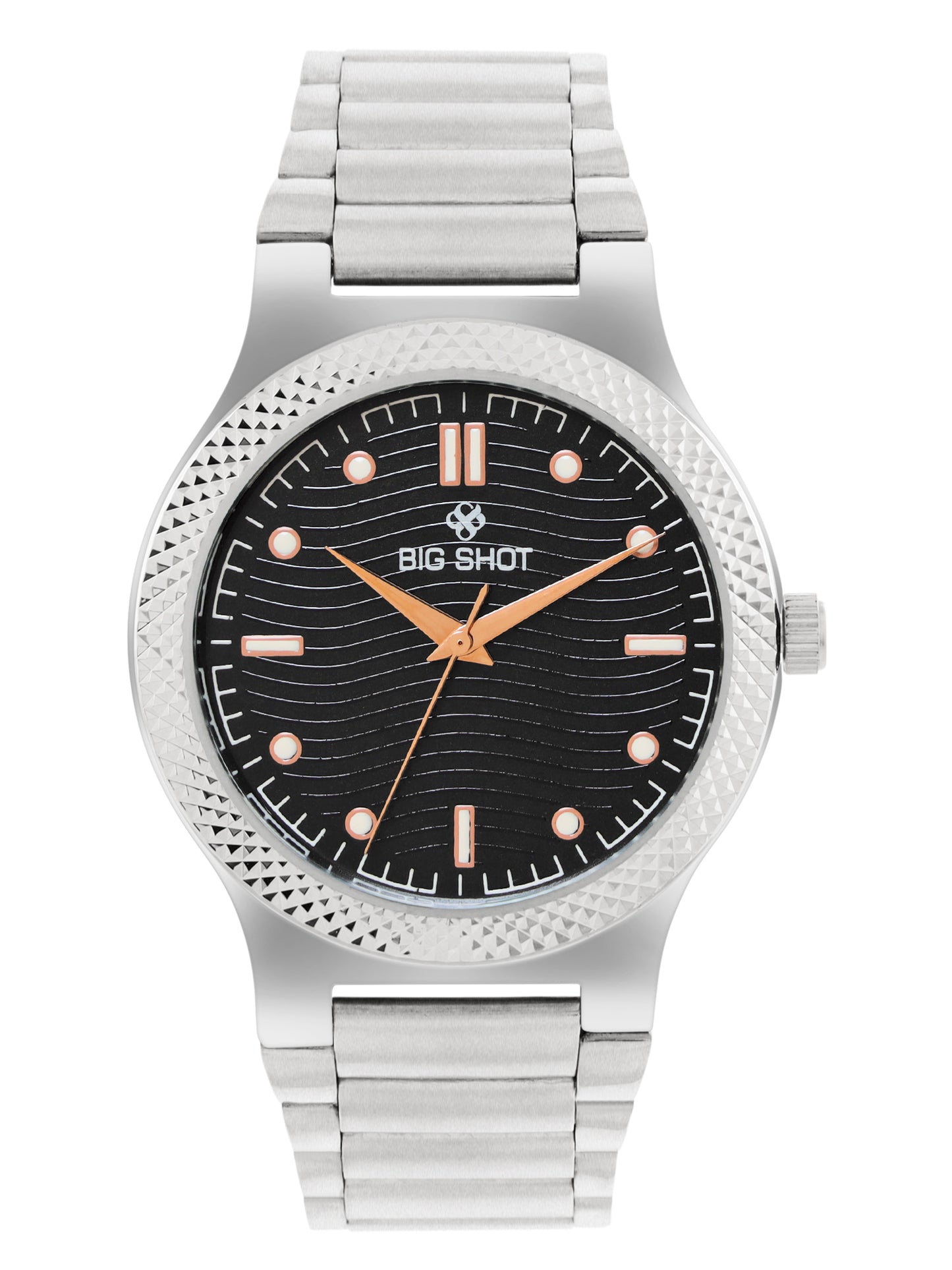 Men’s Black Textured Dial Analog Watch with Silver Stainless Steel Strap - BSM007B