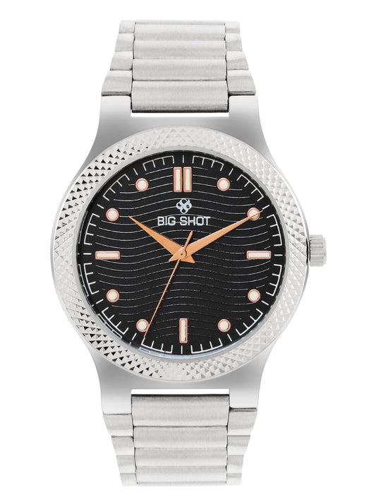 Men’s Black Textured Dial Analog Watch with Silver Stainless Steel Strap - BSM007B