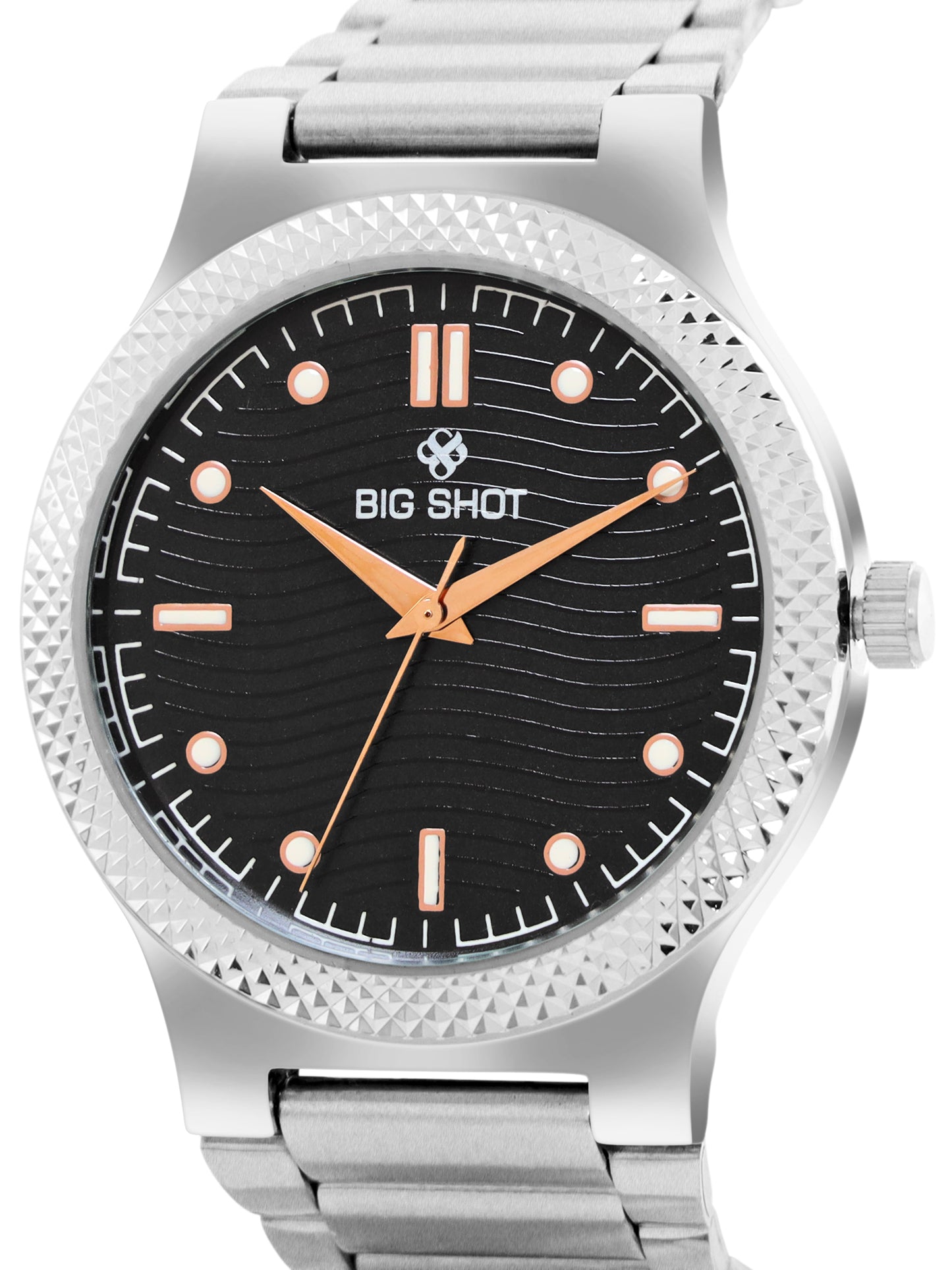 Men’s Black Textured Dial Analog Watch with Silver Stainless Steel Strap - BSM007B