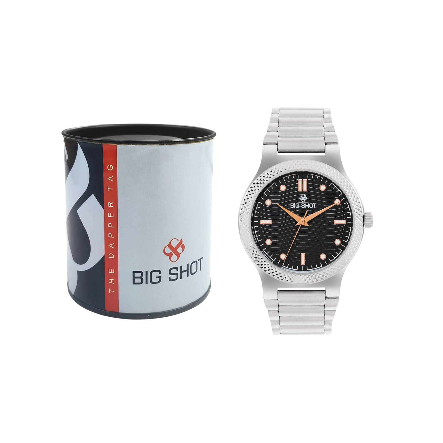 Men’s Black Textured Dial Analog Watch with Silver Stainless Steel Strap - BSM007B