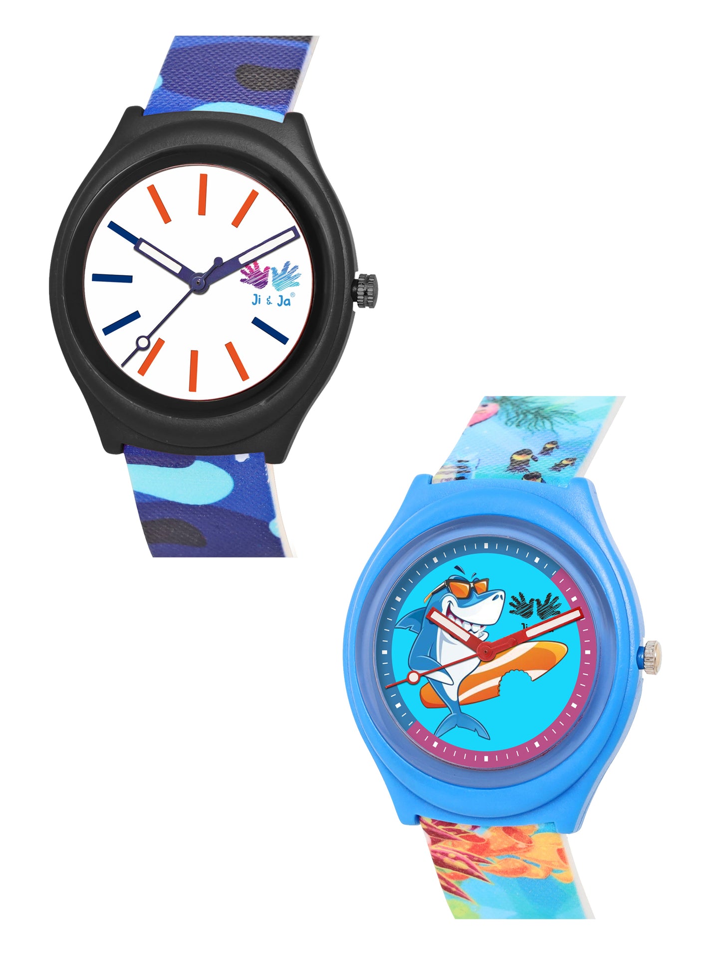 Kids’ Combo Pack Analog Watches – Camouflage Style & Shark Cartoon Design - JJ114116