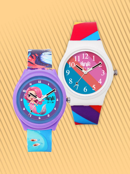 Kids’ Combo Pack Analog Watches – Mermaid Cartoon Theme & Color-Block Dial Design - JJ118106