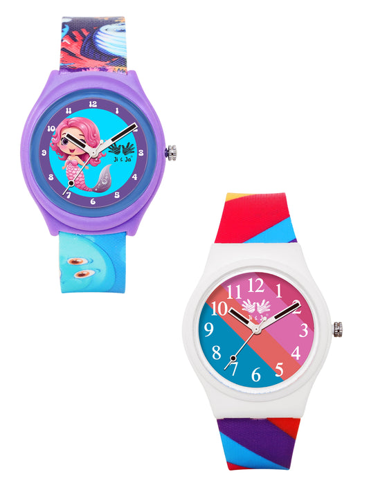 Kids’ Combo Pack Analog Watches – Mermaid Cartoon Theme & Color-Block Dial Design - JJ118106