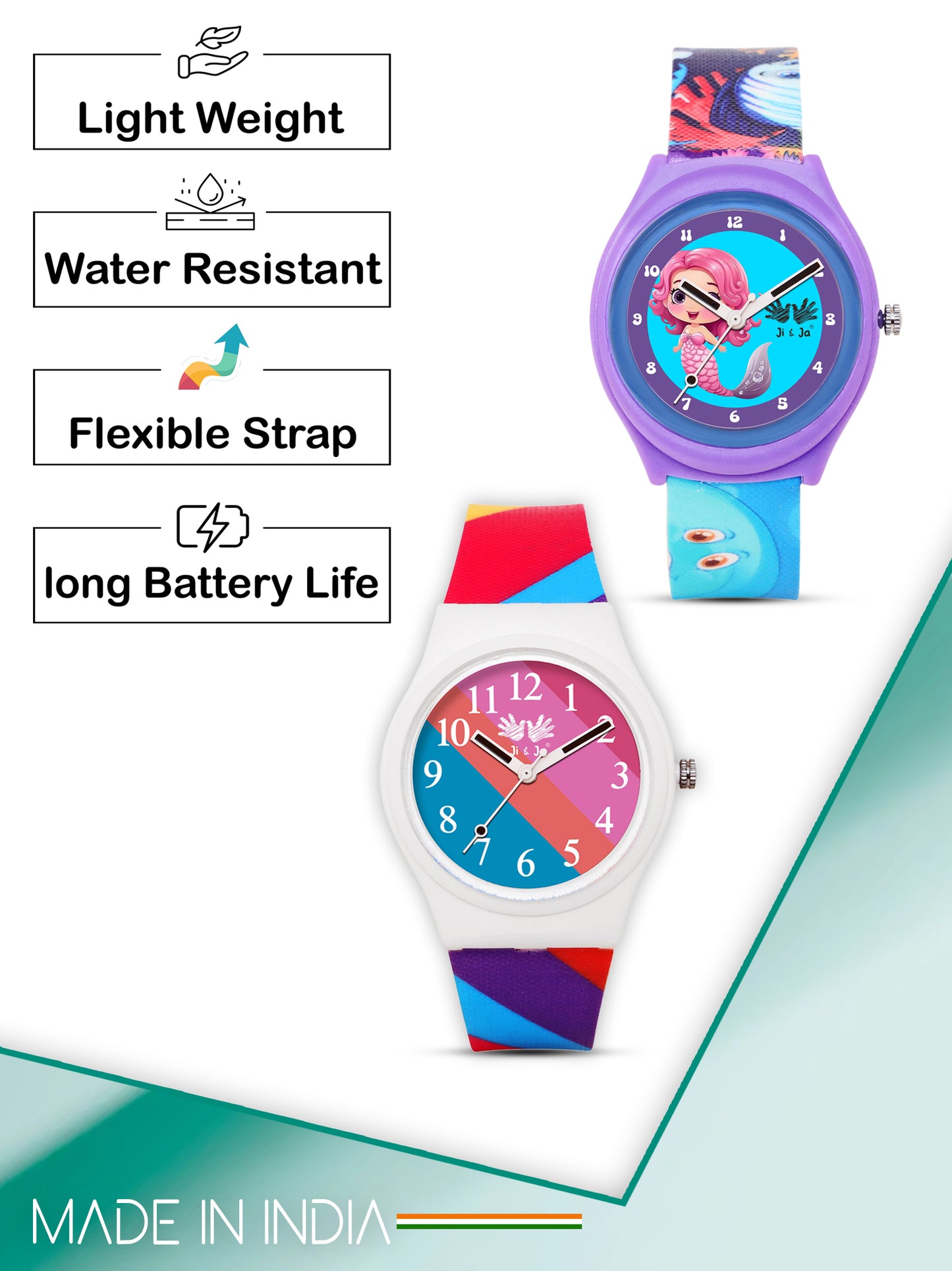 Kids’ Combo Pack Analog Watches – Mermaid Cartoon Theme & Color-Block Dial Design - JJ118106