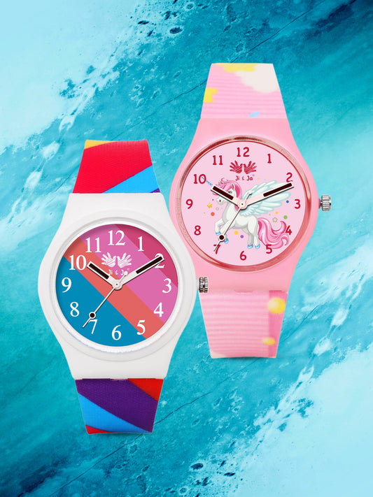 Kids’ Combo Pack Analog Watches – Unicorn Cartoon Theme & Color-Block Dial Design - JJ117106