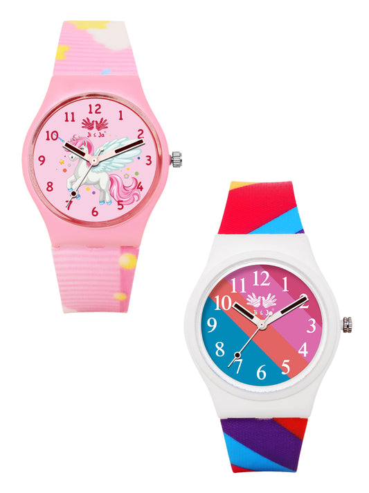 Kids’ Combo Pack Analog Watches – Unicorn Cartoon Theme & Color-Block Dial Design - JJ117106