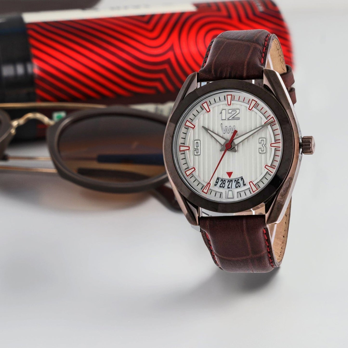 Men Brown Case, White Dial with Date Display, Brown Croco Leather Strap LWM113L