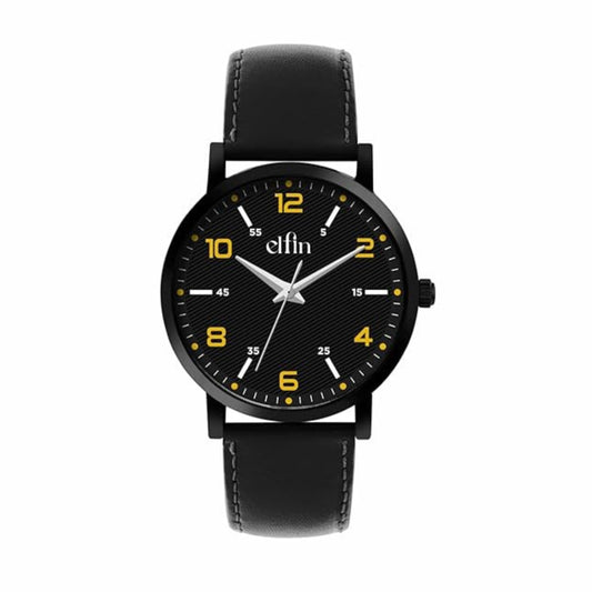Sleek Black Analog Black Leather Strap Watch for Men ELFM003D