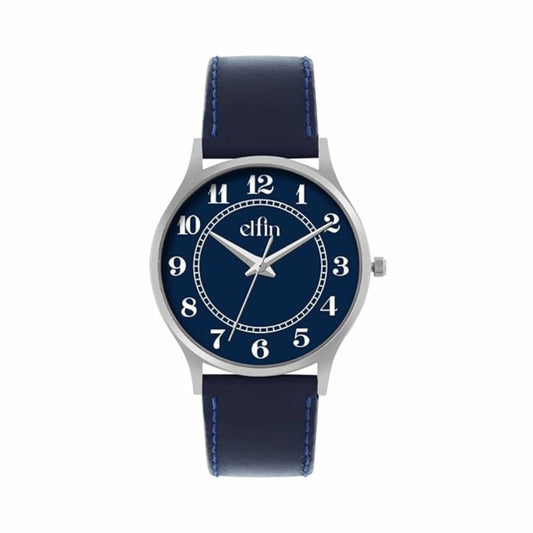 Slim Silver Analog Blue Leather Strap Watch for Men ELFM004C
