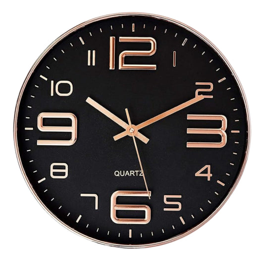 Silent Quartz Non Ticking Black & Rose Gold Round Wall Clock in 12 Inches