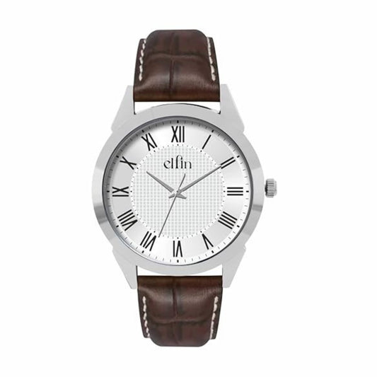 Silver Analog Brown Croco Leather Strap Watch for Men ELFM001B