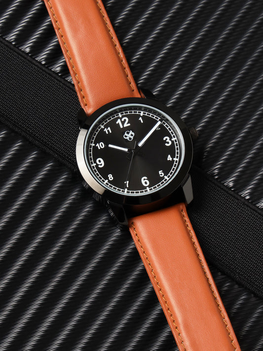 Men’s Black Dial Analog Watch with Brown Leather Strap - BSM028B