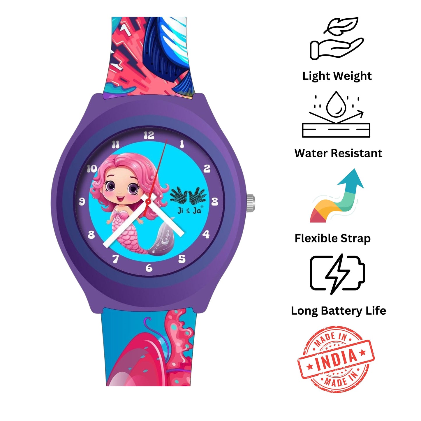 Kids Analog Watch Mermaid Ocean Print Strap with Blue Dial Mermaid