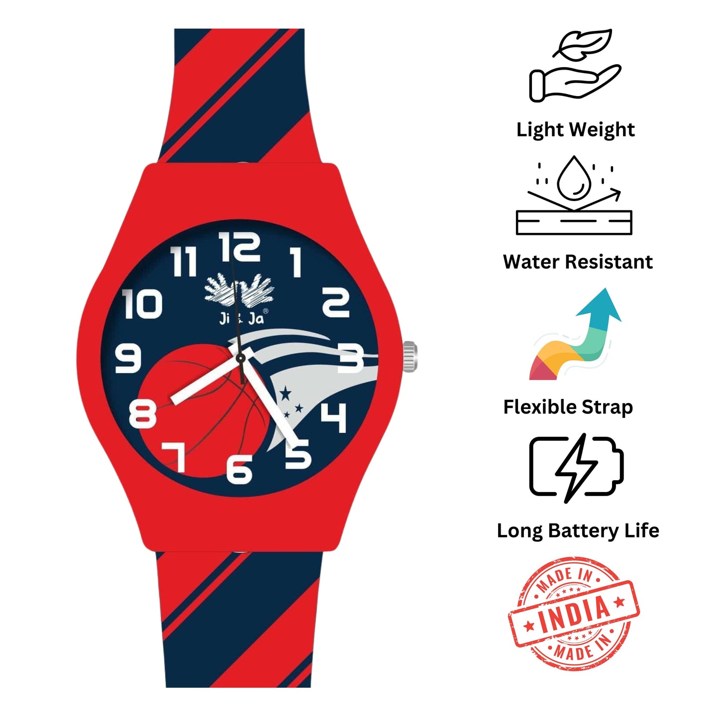 Kids Analog Watch Basket Ball Print Strap with Red Dial, Basket Ball Print