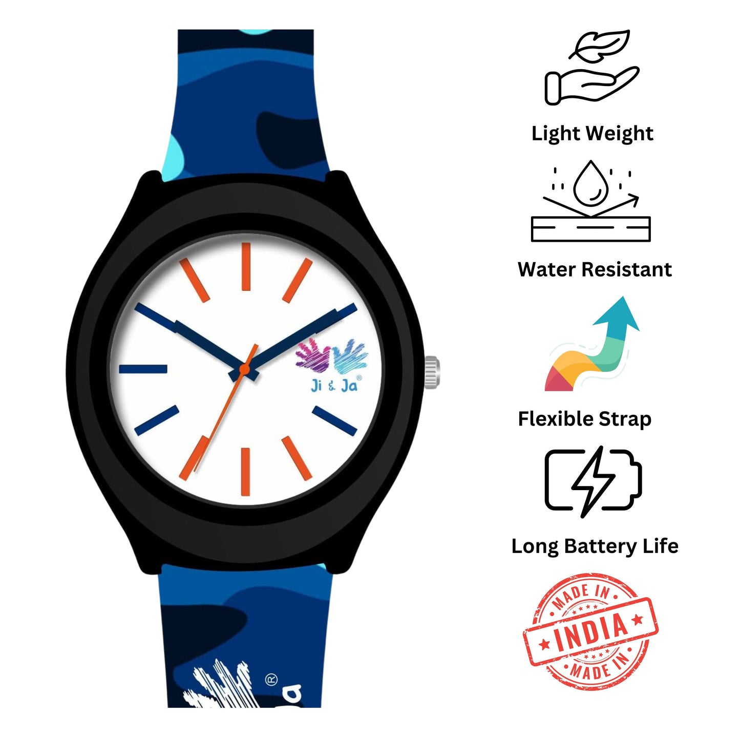 Kids Analog Watch Camouflage Blue Patch Strap with White Dial